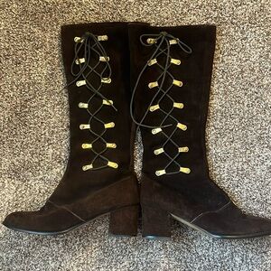 Vintage 1970s Italian Brown Suede Lace-Up Boots Size 8.5 – Boho Gold Accents